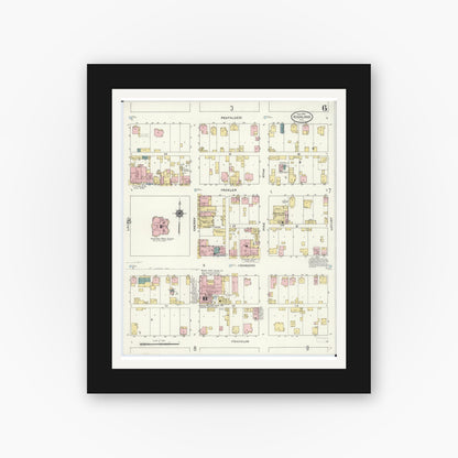 Old map wall art mockup — black gallery frame with white mat — Sanborn Fire Insurance Map from Highland, Madison County, Illinois (1908), Sheet #0006