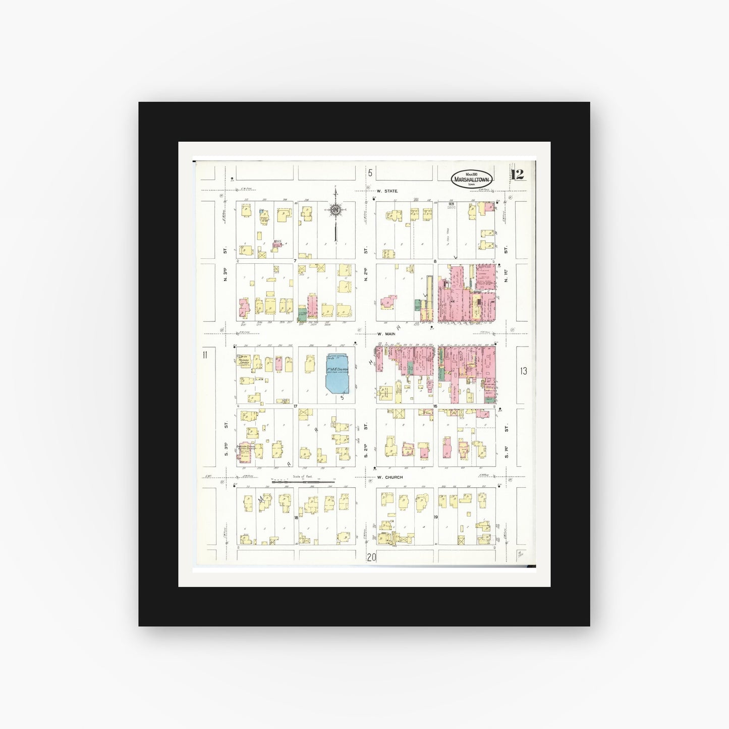 Old map wall art mockup — black gallery frame with white mat — Sanborn Fire Insurance Map from Marshalltown, Marshall County, Iowa (1910), Sheet #0012