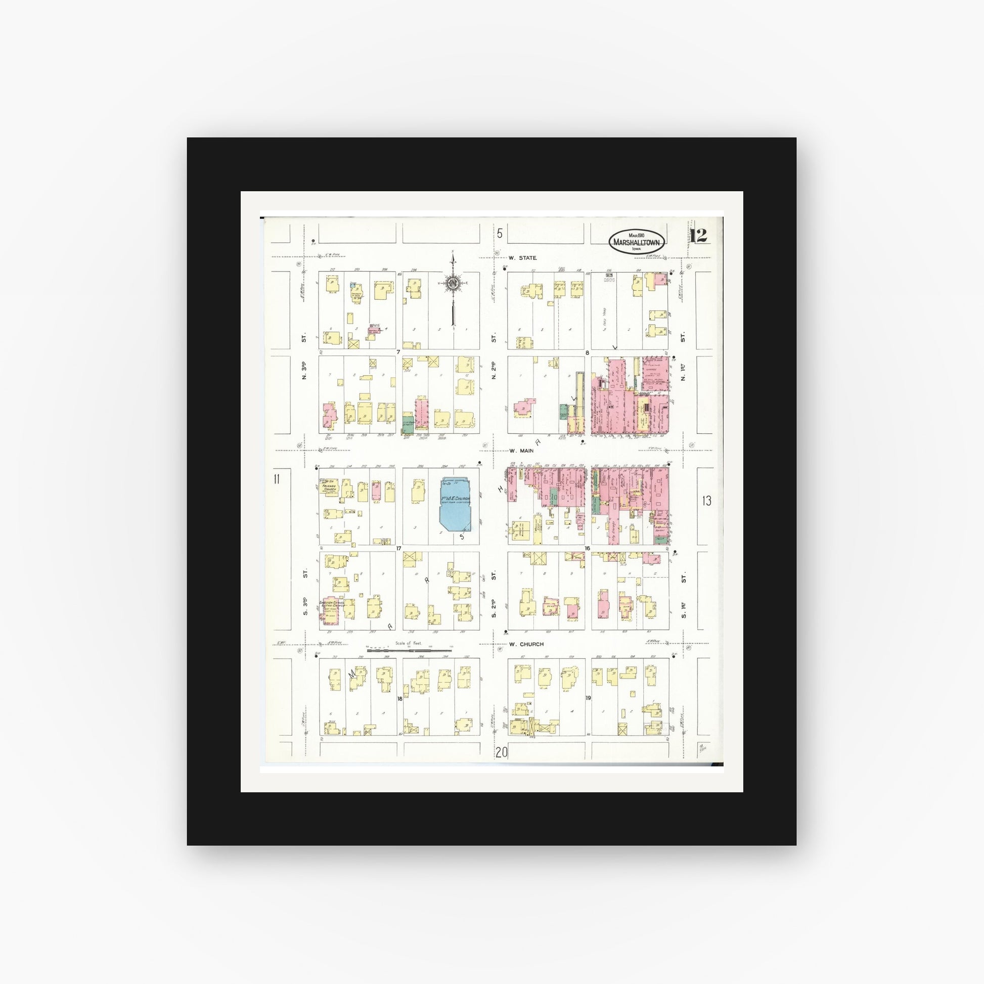 Old map wall art mockup — black gallery frame with white mat — Sanborn Fire Insurance Map from Marshalltown, Marshall County, Iowa (1910), Sheet #0012