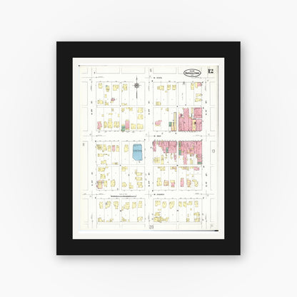 Old map wall art mockup — black gallery frame with white mat — Sanborn Fire Insurance Map from Marshalltown, Marshall County, Iowa (1910), Sheet #0012