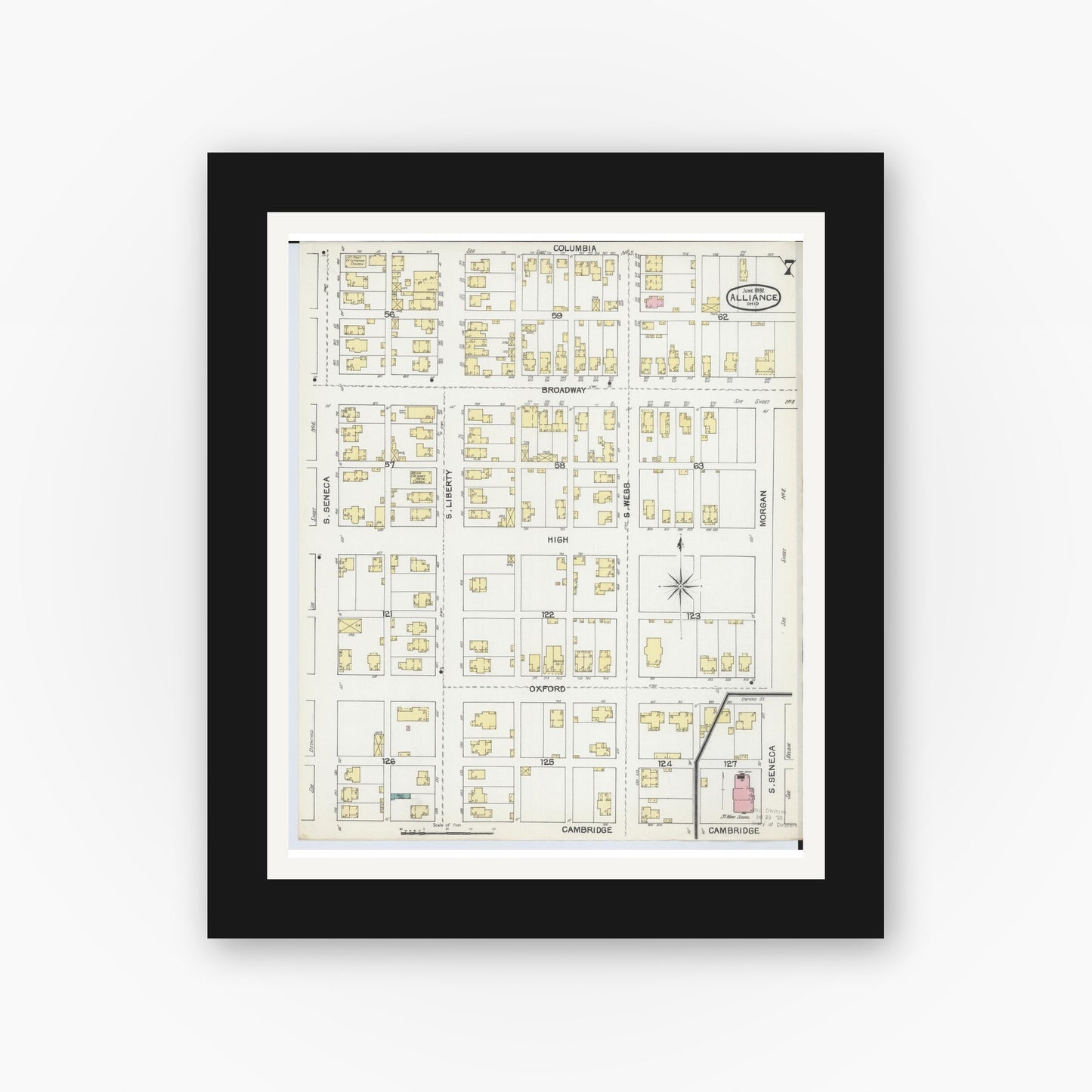 Old map wall art mockup — black gallery frame with white mat — Sanborn Fire Insurance Map from Alliance, Stark County, Ohio (1892), Sheet #0007