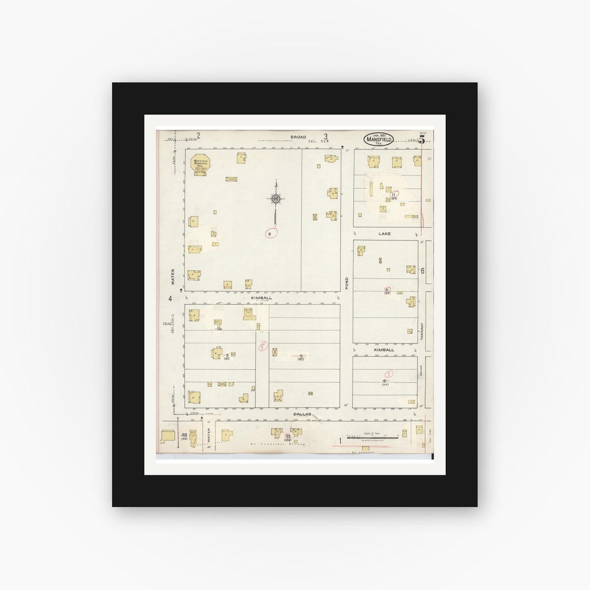 Old map wall art mockup — black gallery frame with white mat — Sanborn Fire Insurance Map from Mansfield, Tarrant County, Texas (1933), Sheet #0005