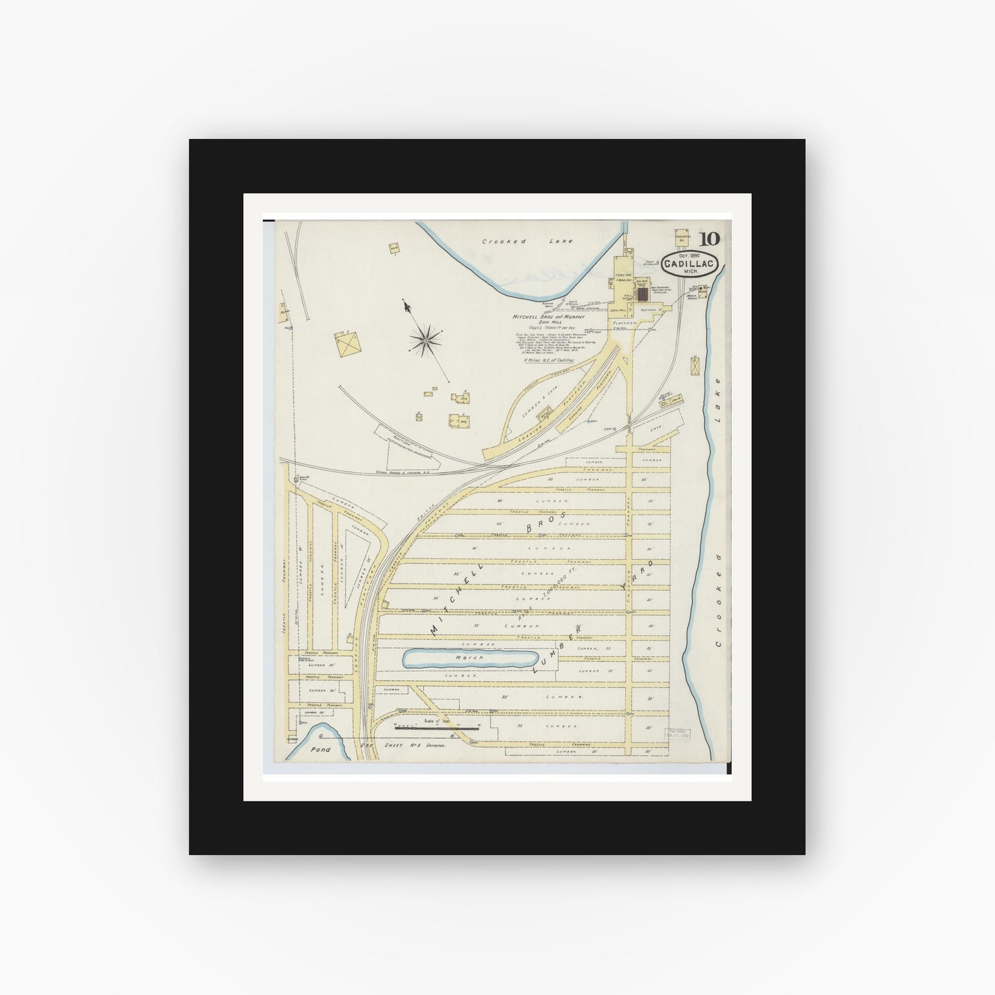 Old map wall art mockup — black gallery frame with white mat — Sanborn Fire Insurance Map from Cadillac, Wexford County, Michigan (1890), Sheet #0010