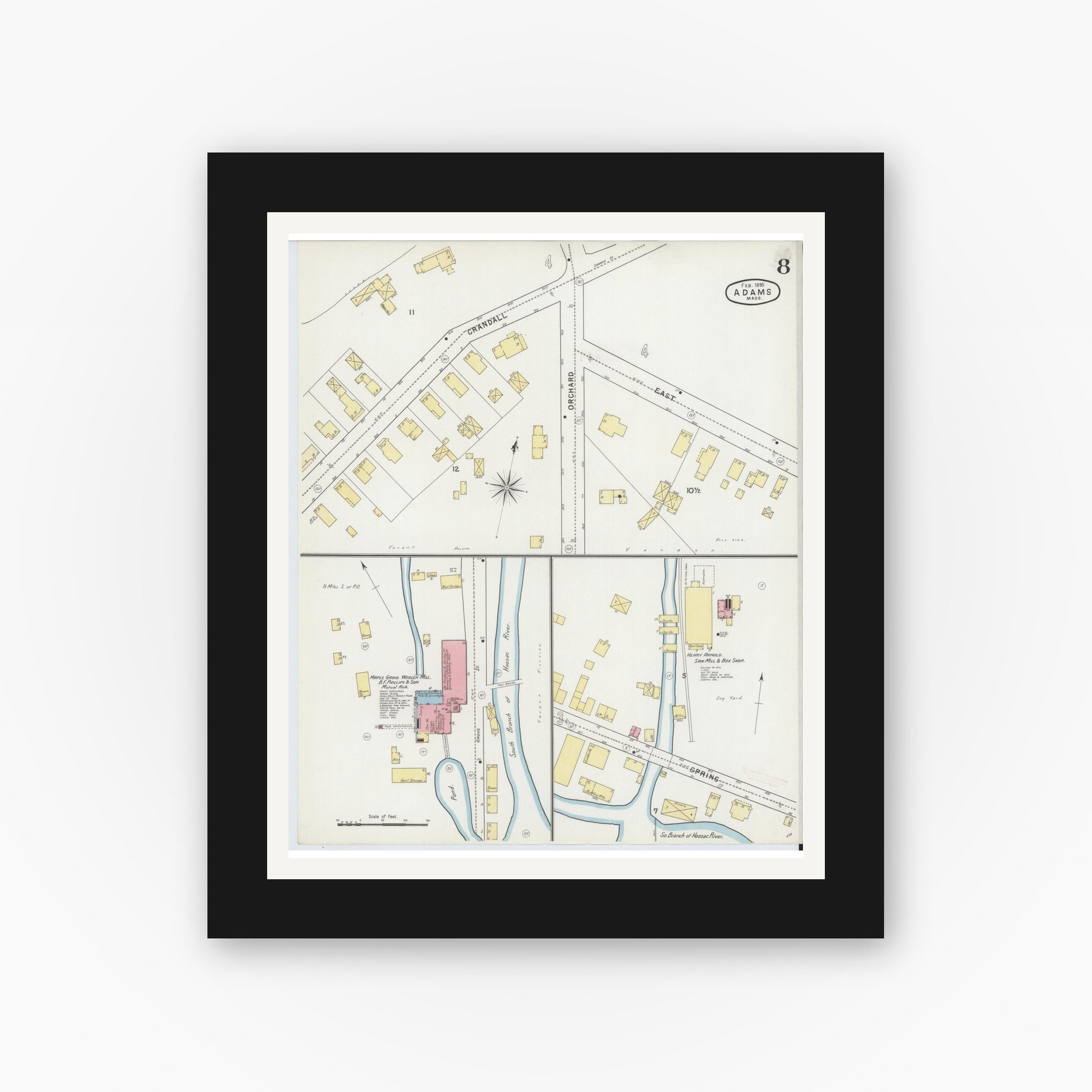 Old map wall art mockup — black gallery frame with white mat — Sanborn Fire Insurance Map from Adams, Berkshire County, Massachusetts (1895), Sheet #0008