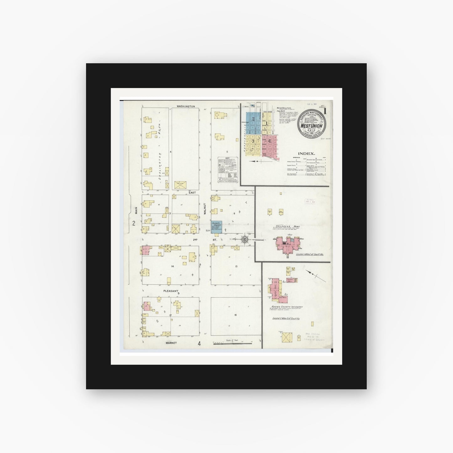 Old map wall art mockup — black gallery frame with white mat — Sanborn Fire Insurance Map from West Union, Adams County, Ohio (1912) - Complete Map Set
