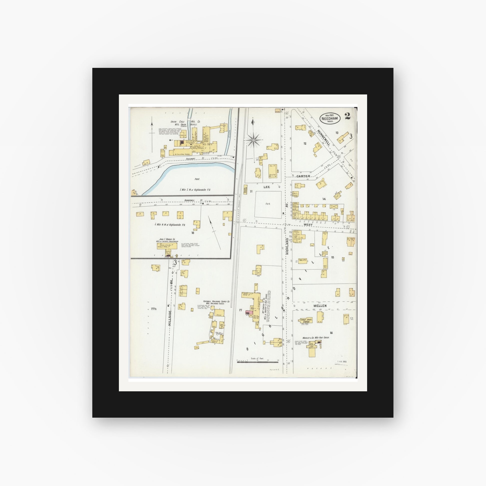 Old map wall art mockup — black gallery frame with white mat — Sanborn Fire Insurance Map from Needham, Norfolk County, Massachusetts (1901), Sheet #0002