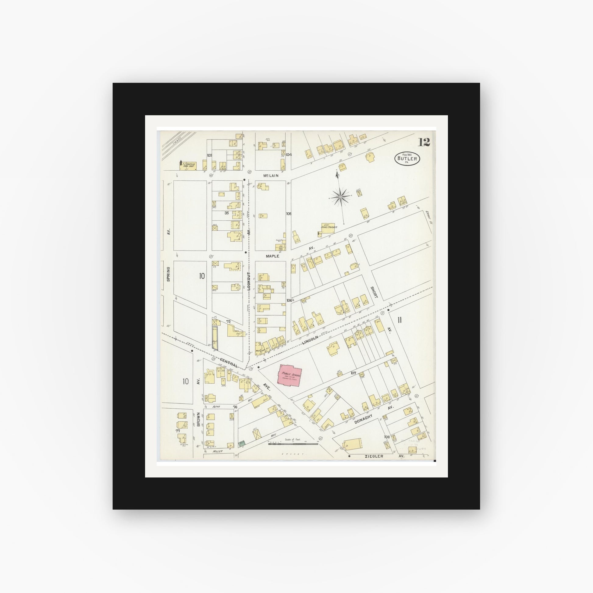 Old map wall art mockup — black gallery frame with white mat — Sanborn Fire Insurance Map from Butler, Butler County, Pennsylvania (1901), Sheet #0012