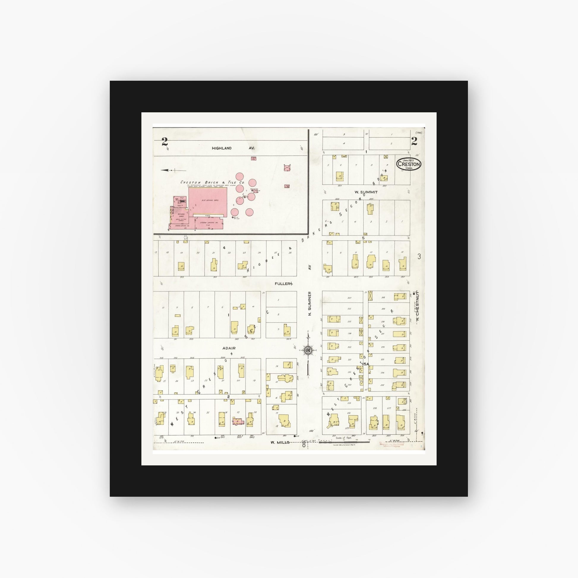 Old map wall art mockup — black gallery frame with white mat — Sanborn Fire Insurance Map from Creston, Union County, Iowa (1923), Sheet #0002