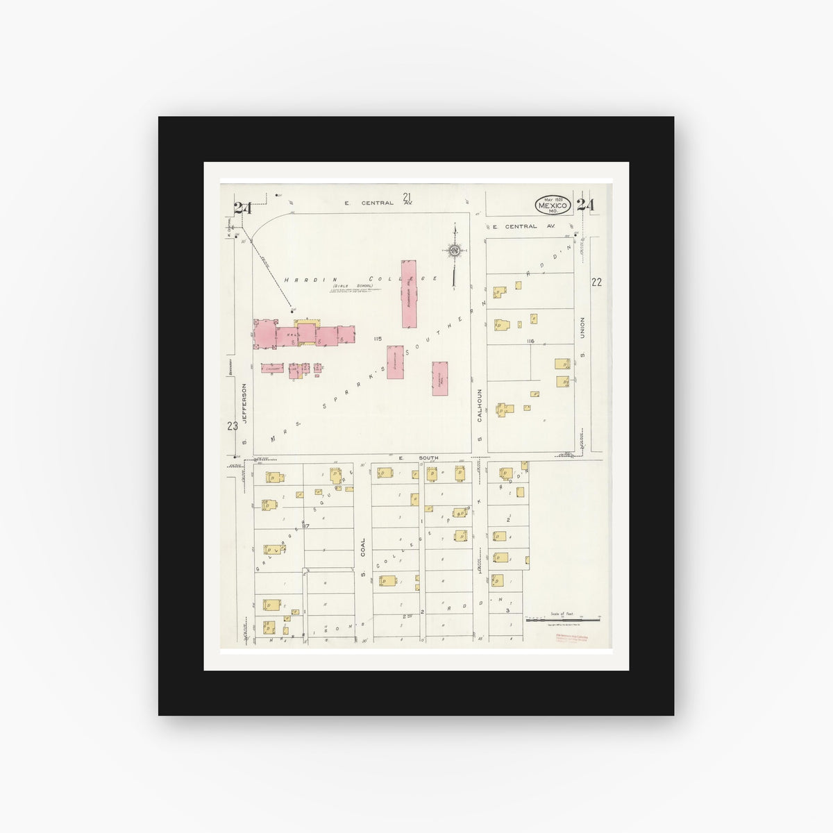 Old map wall art mockup — black gallery frame with white mat — Sanborn Fire Insurance Map from Mexico, Audrain County, Missouri (1926), Sheet #0024