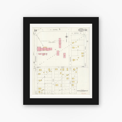Old map wall art mockup — black gallery frame with white mat — Sanborn Fire Insurance Map from Mexico, Audrain County, Missouri (1926), Sheet #0024