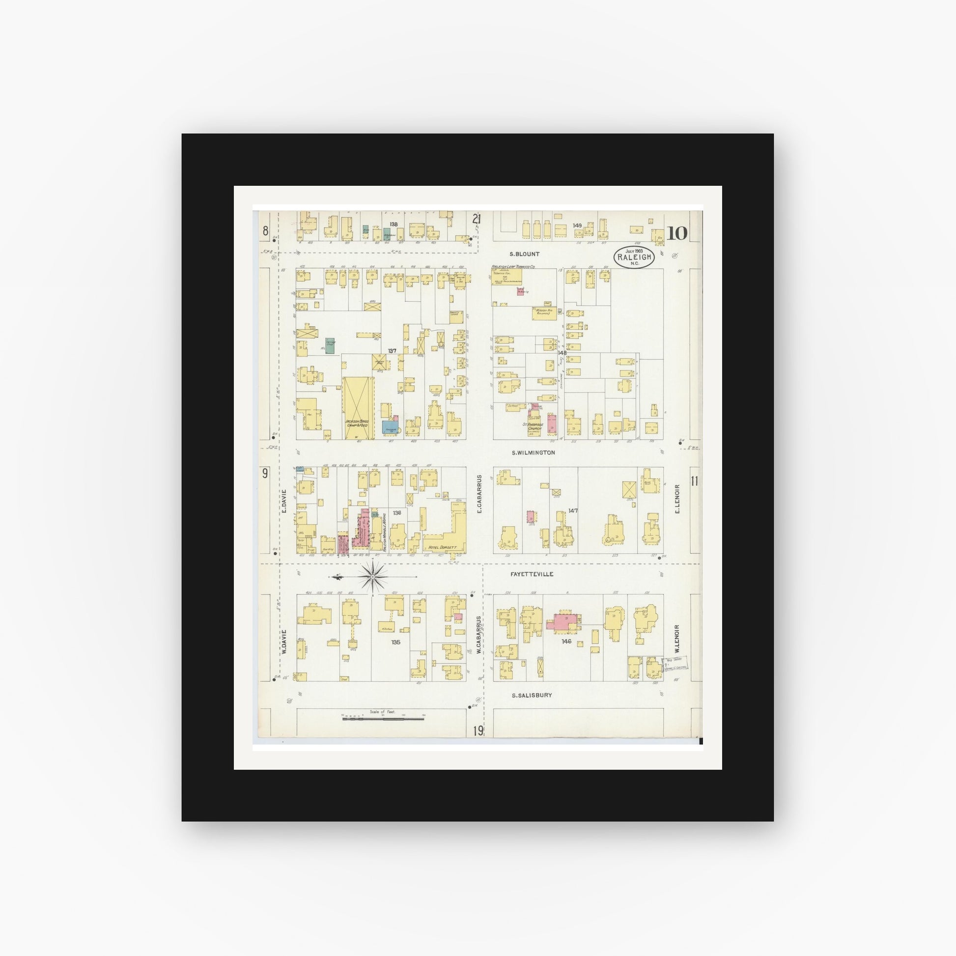 Old map wall art mockup — black gallery frame with white mat — Sanborn Fire Insurance Map from Raleigh, Wake County, North Carolina (1903), Sheet #0010