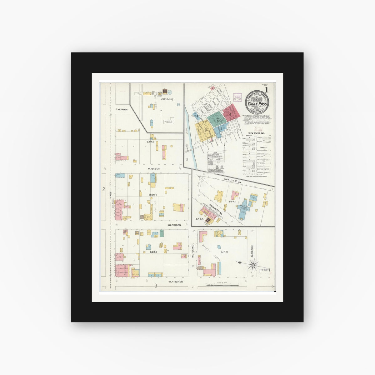 Old map wall art mockup — black gallery frame with white mat — Sanborn Fire Insurance Map from Eagle Pass, Maverick County, Texas (1905) - Complete Map Set