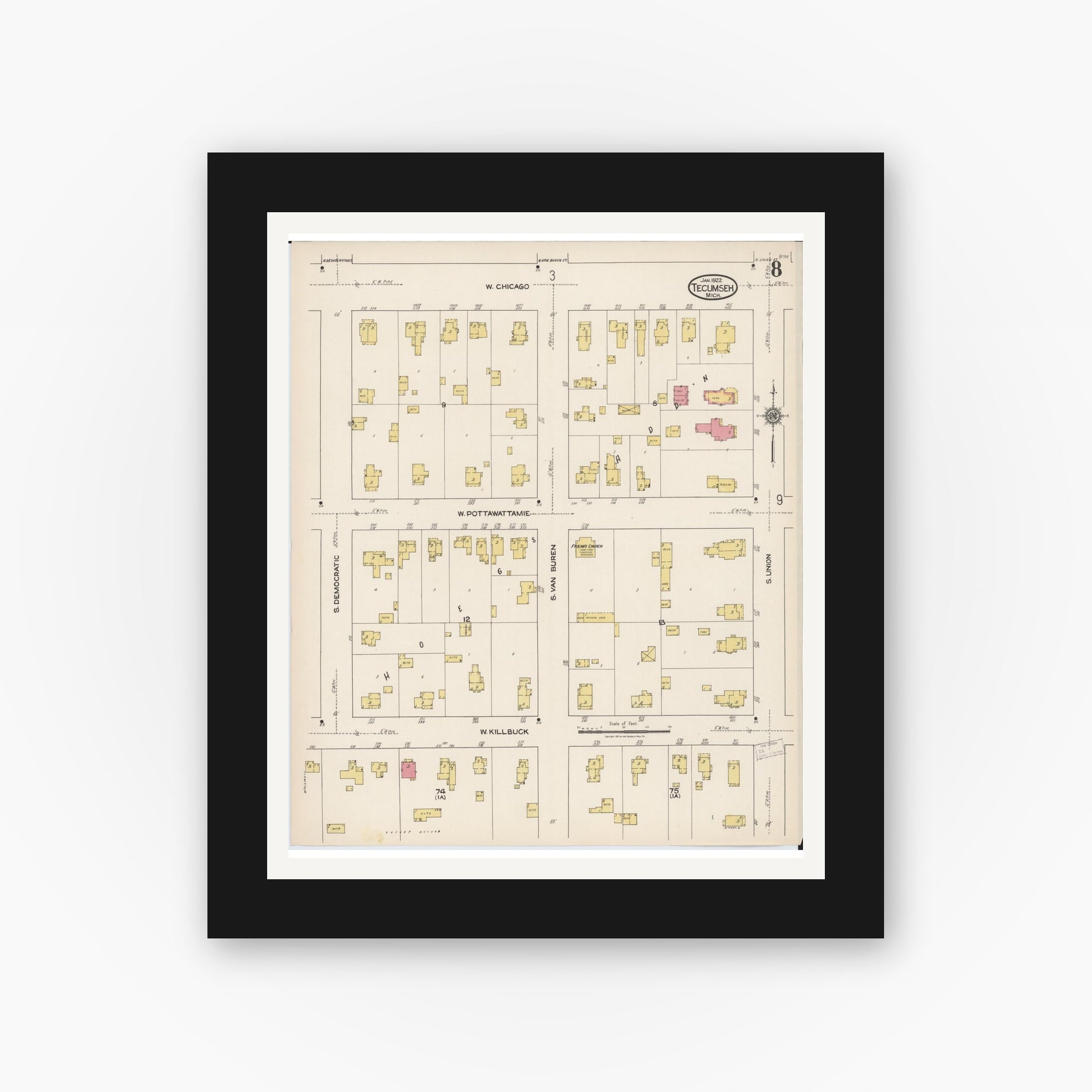 Old map wall art mockup — black gallery frame with white mat — Sanborn Fire Insurance Map from Tecumseh, Lenawee County, Michigan (1922), Sheet #0008