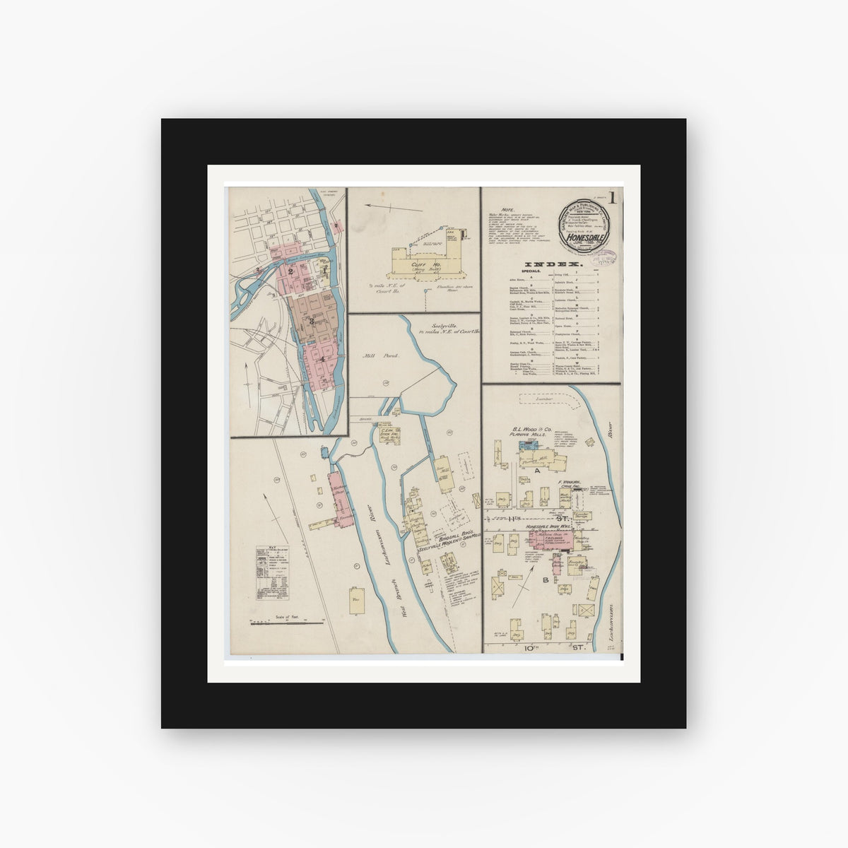 Old map wall art mockup — black gallery frame with white mat — Sanborn Fire Insurance Map from Honesdale, Wayne County, Pennsylvania (1885) - Complete Map Set