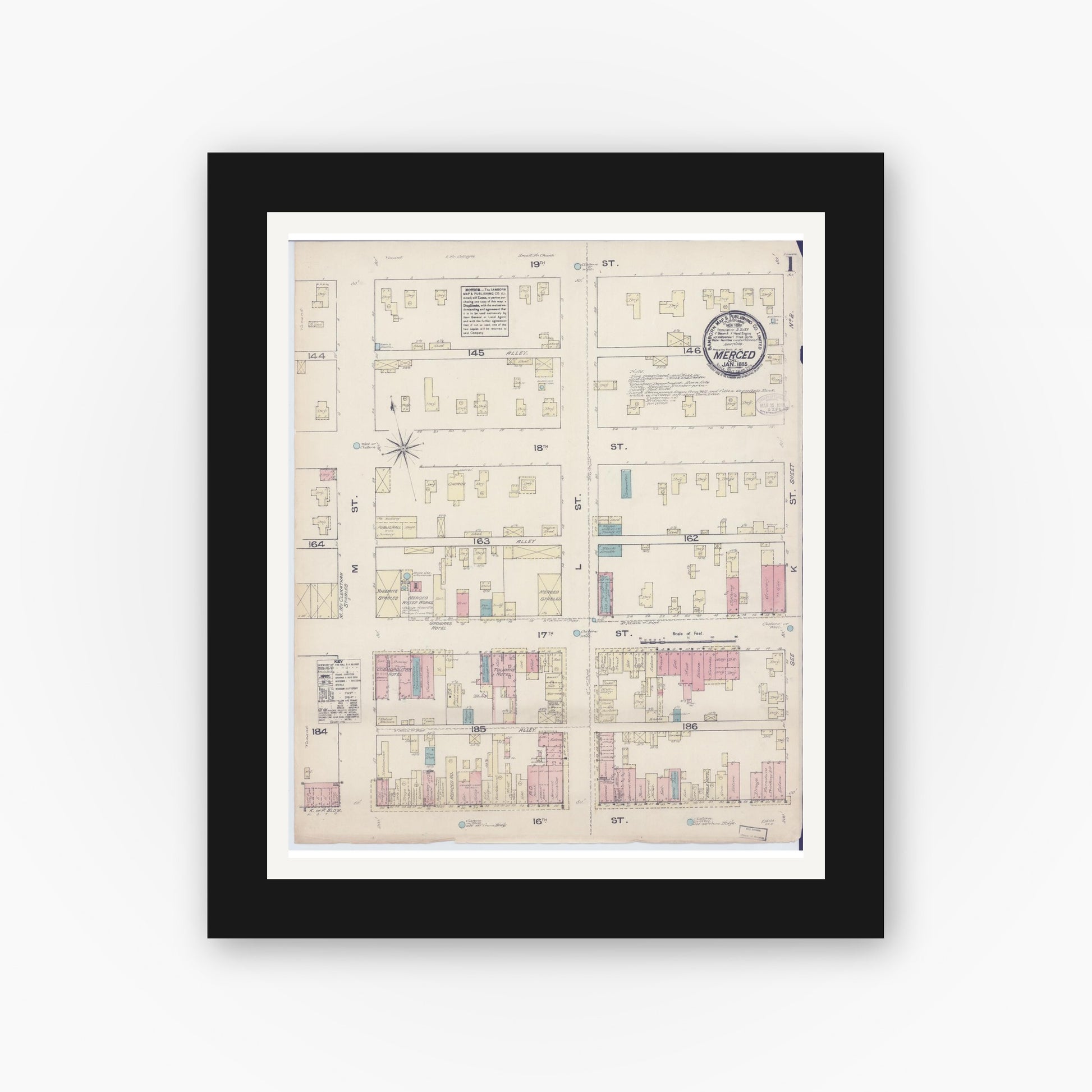 Old map wall art mockup — black gallery frame with white mat — Sanborn Fire Insurance Map from Merced, Merced County, California (1885) - Complete Map Set