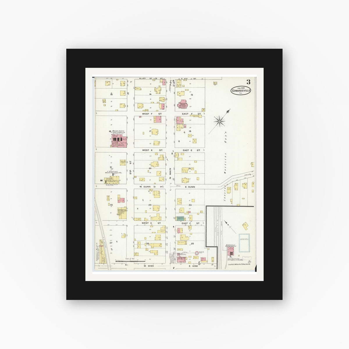Old map wall art mockup — black gallery frame with white mat — Sanborn Fire Insurance Map from Edwardsville, Madison County, Illinois (1909), Sheet #0003