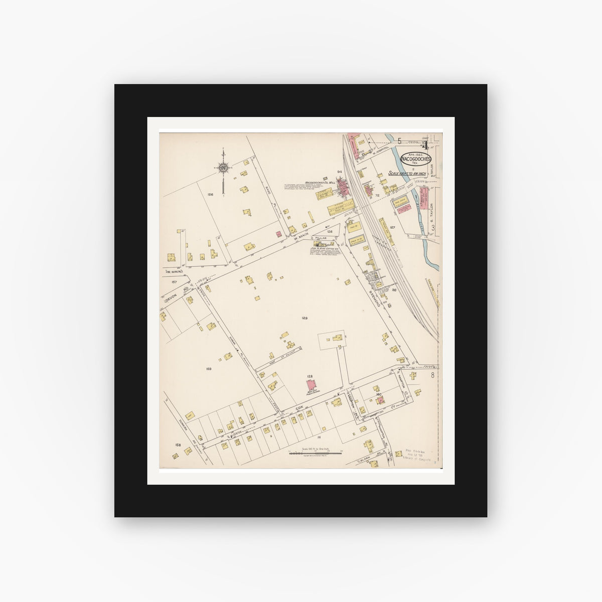 Old map wall art mockup — black gallery frame with white mat — Sanborn Fire Insurance Map from Nacogdoches, Nacogdoches County, Texas (1922), Sheet #0004