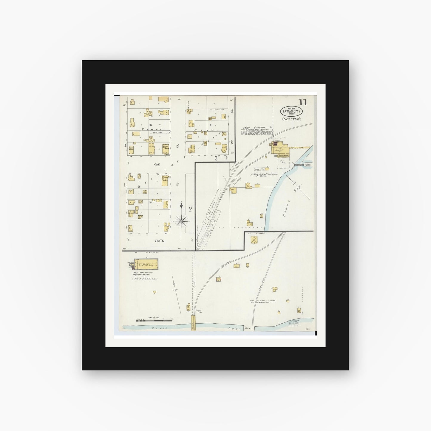 Old map wall art mockup — black gallery frame with white mat — Sanborn Fire Insurance Map from East Tawas, Iosco County, Michigan (1898), Sheet #0011