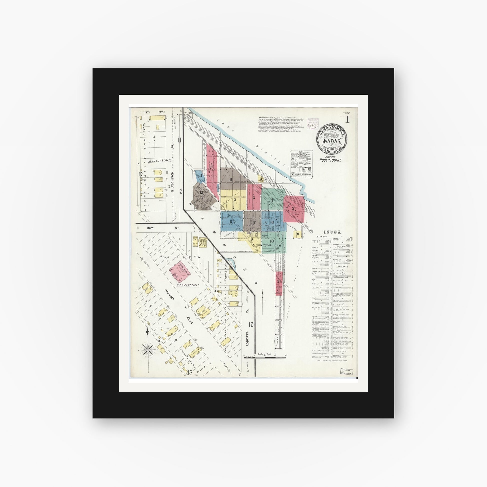 Old map wall art mockup — black gallery frame with white mat — Sanborn Fire Insurance Map from Whiting, Lake County, Indiana (1907) - Complete Map Set
