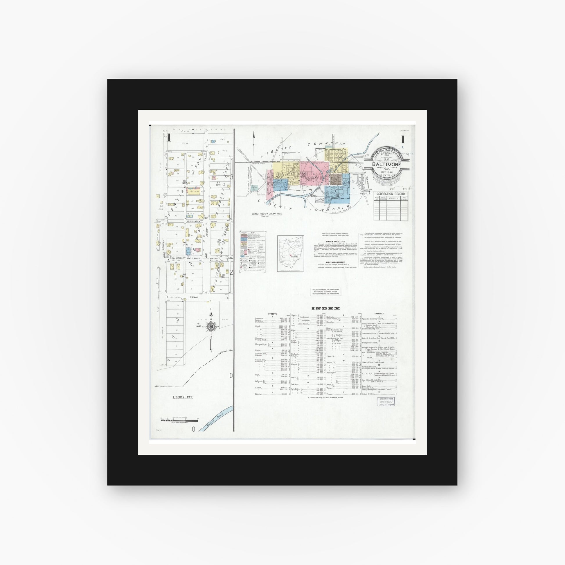 Old map wall art mockup — black gallery frame with white mat — Sanborn Fire Insurance Map from Baltimore, Fairfield County, Ohio (1946) - Complete Map Set