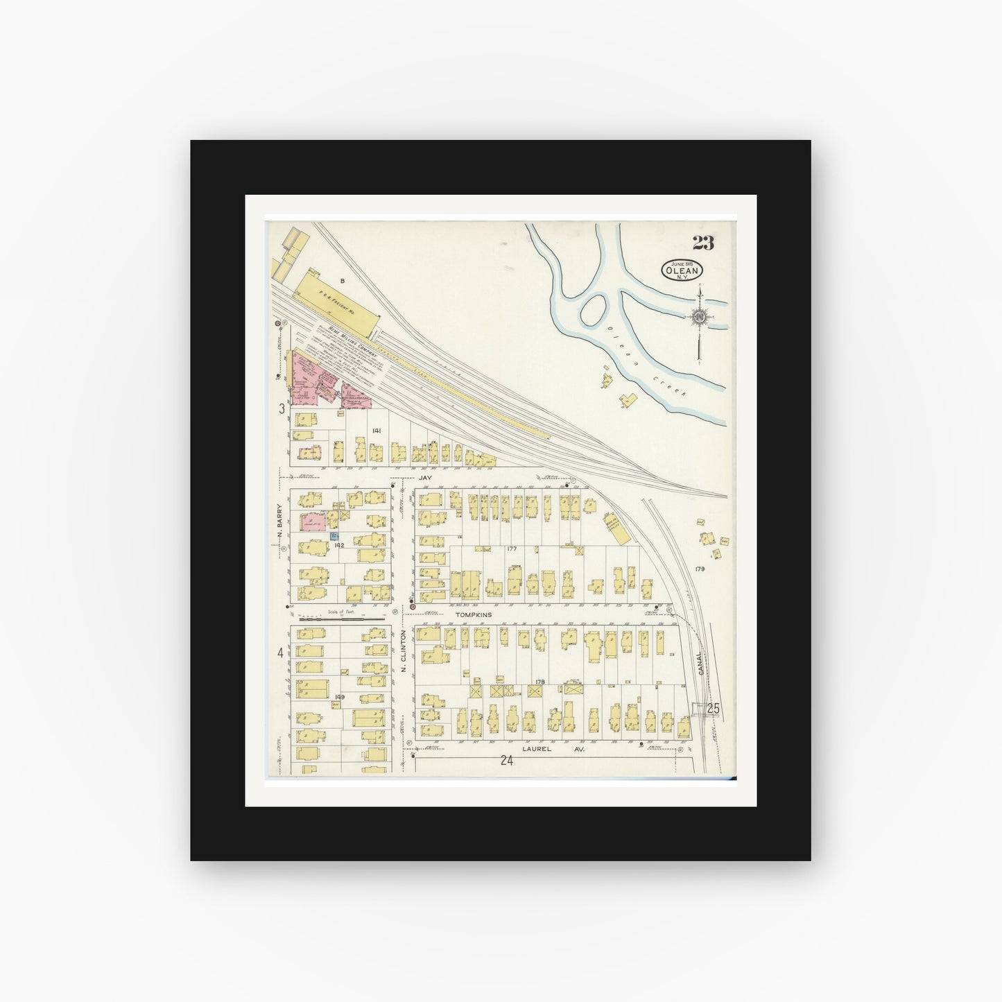 Old map wall art mockup — black gallery frame with white mat — Sanborn Fire Insurance Map from Olean, Cattaraugus County, New York (1915), Sheet #0023