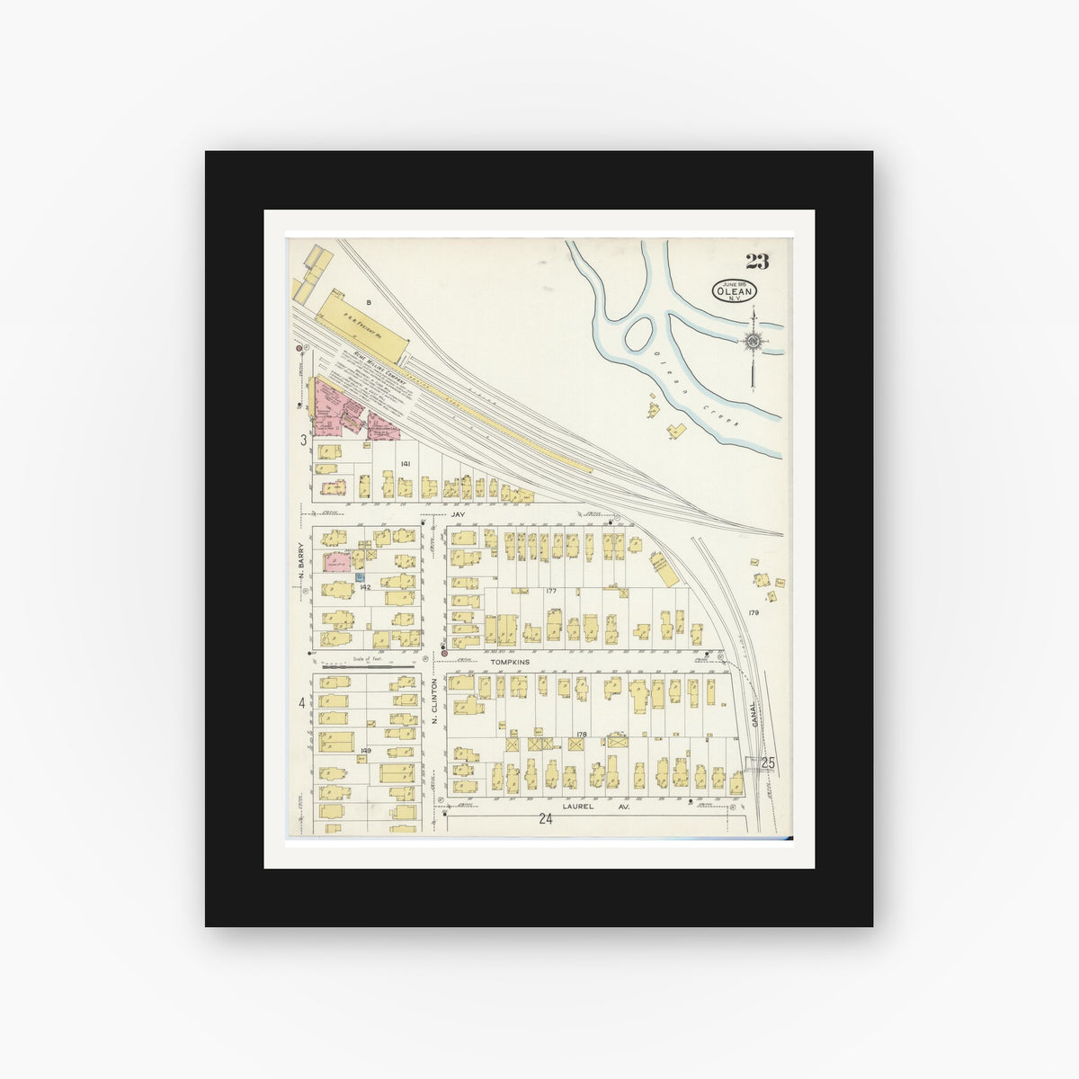 Old map wall art mockup — black gallery frame with white mat — Sanborn Fire Insurance Map from Olean, Cattaraugus County, New York (1915), Sheet #0023