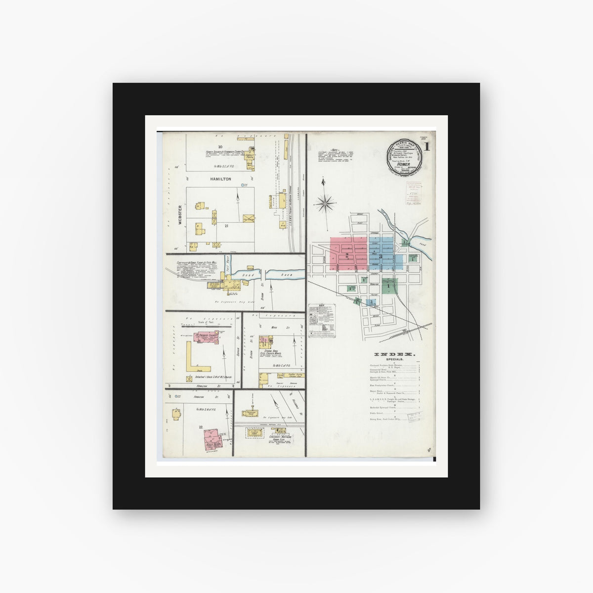 Old map wall art mockup — black gallery frame with white mat — Sanborn Fire Insurance Map from Homer, Calhoun County, Michigan (1899), Sheet #0001