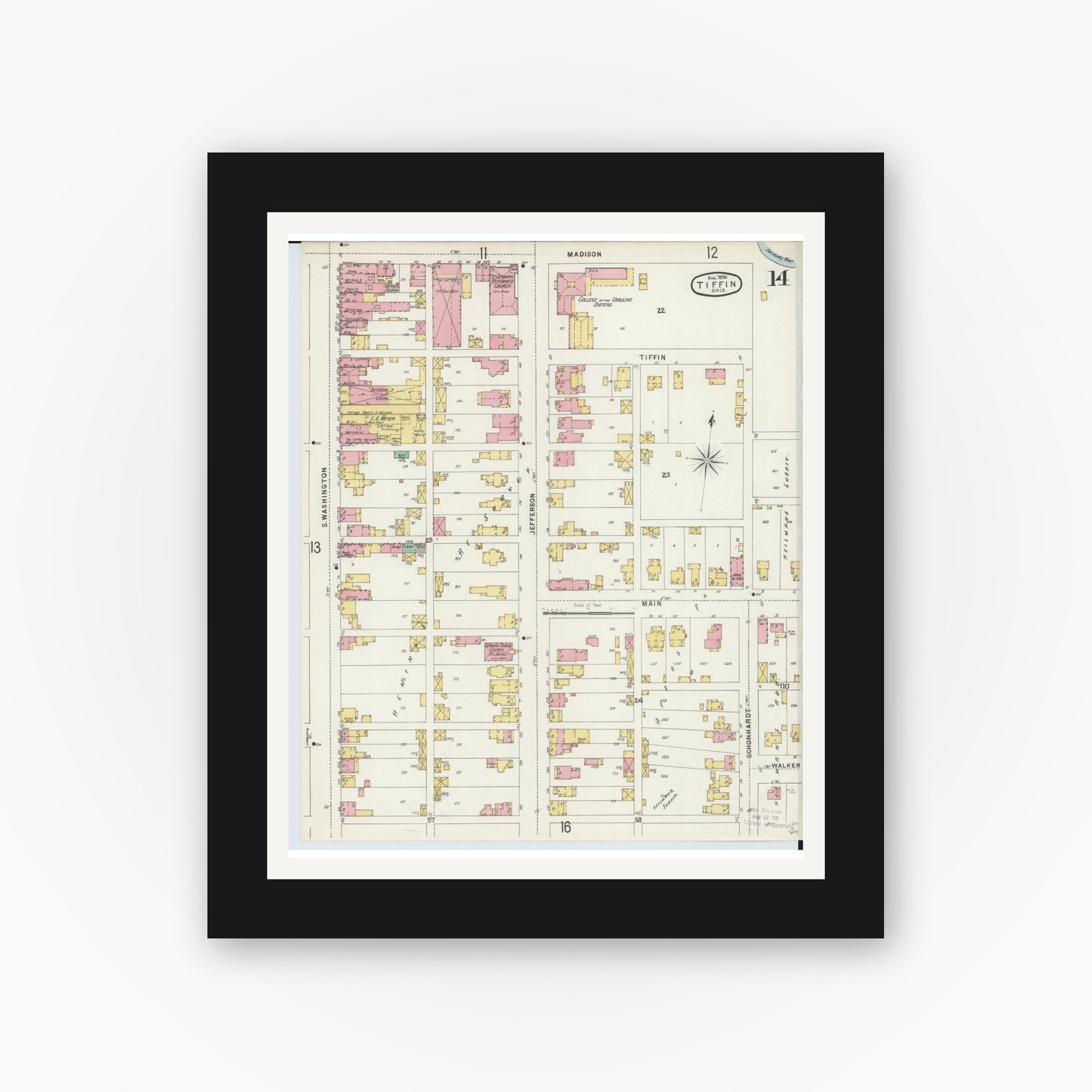 Old map wall art mockup — black gallery frame with white mat — Sanborn Fire Insurance Map from Tiffin, Seneca County, Ohio (1896), Sheet #0014