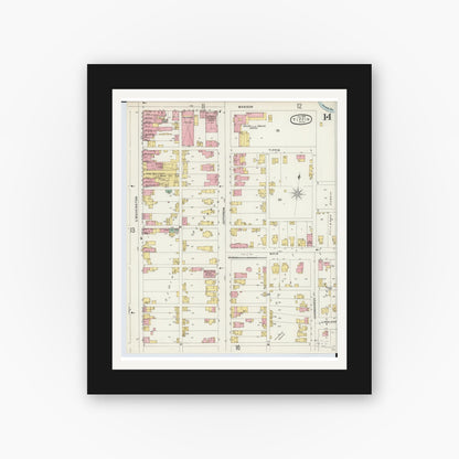 Old map wall art mockup — black gallery frame with white mat — Sanborn Fire Insurance Map from Tiffin, Seneca County, Ohio (1896), Sheet #0014