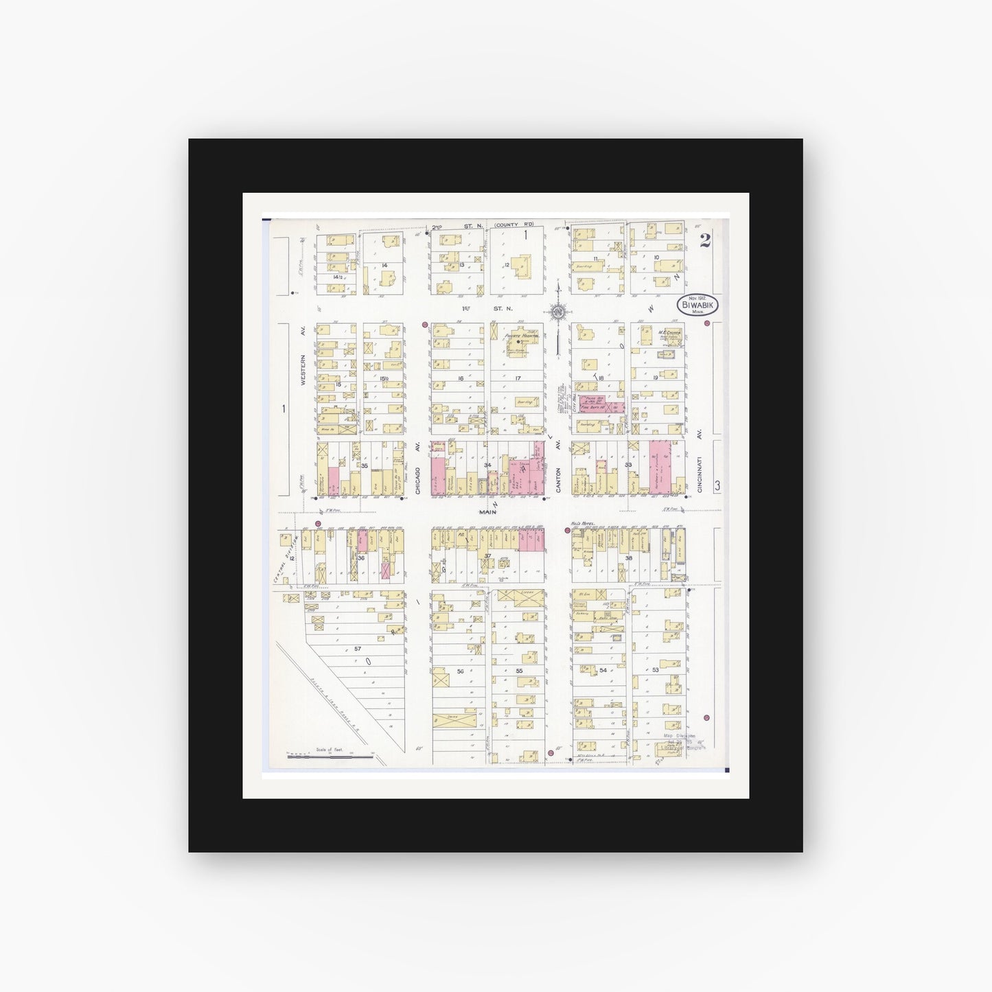 Old map wall art mockup — black gallery frame with white mat — Sanborn Fire Insurance Map from Biwabik, Saint Louis County, Minnesota (1912), Sheet #0002