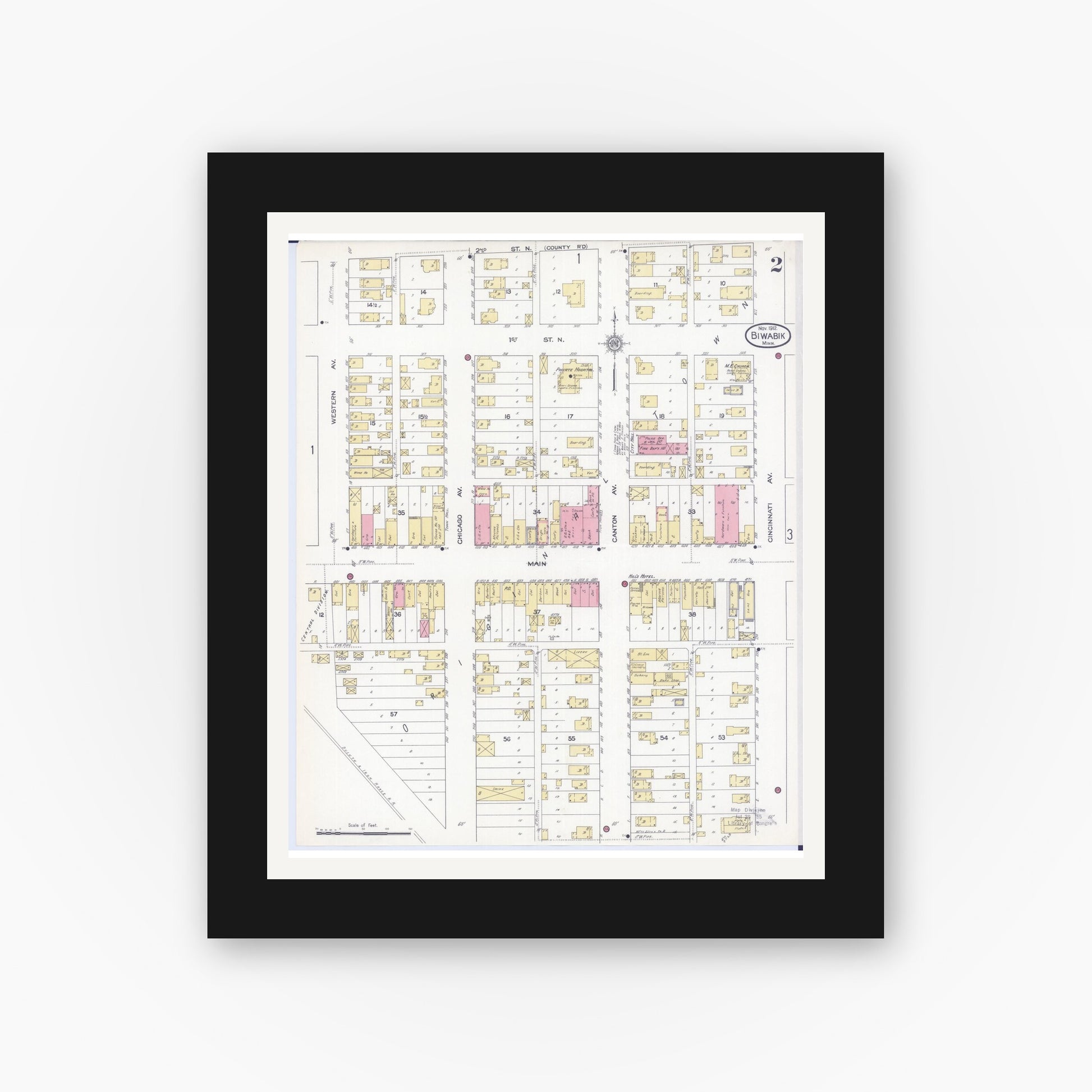 Old map wall art mockup — black gallery frame with white mat — Sanborn Fire Insurance Map from Biwabik, Saint Louis County, Minnesota (1912), Sheet #0002
