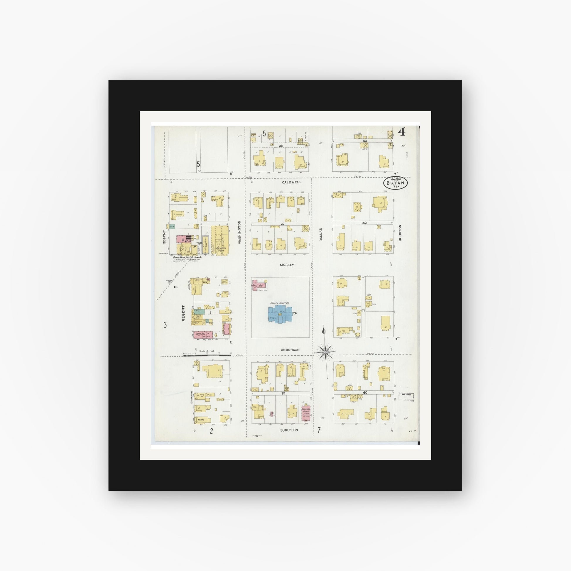 Old map wall art mockup — black gallery frame with white mat — Sanborn Fire Insurance Map from Bryan, Brazos County, Texas (1906), Sheet #0004