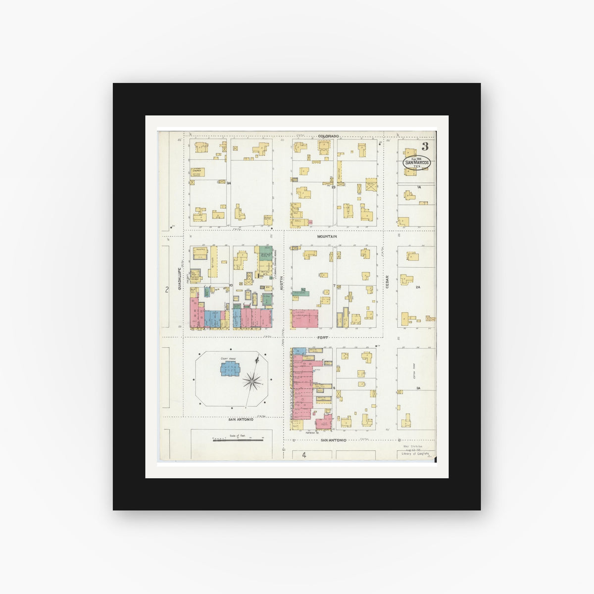 Old map wall art mockup — black gallery frame with white mat — Sanborn Fire Insurance Map from San Marcos, Hays County, Texas (1906), Sheet #0003