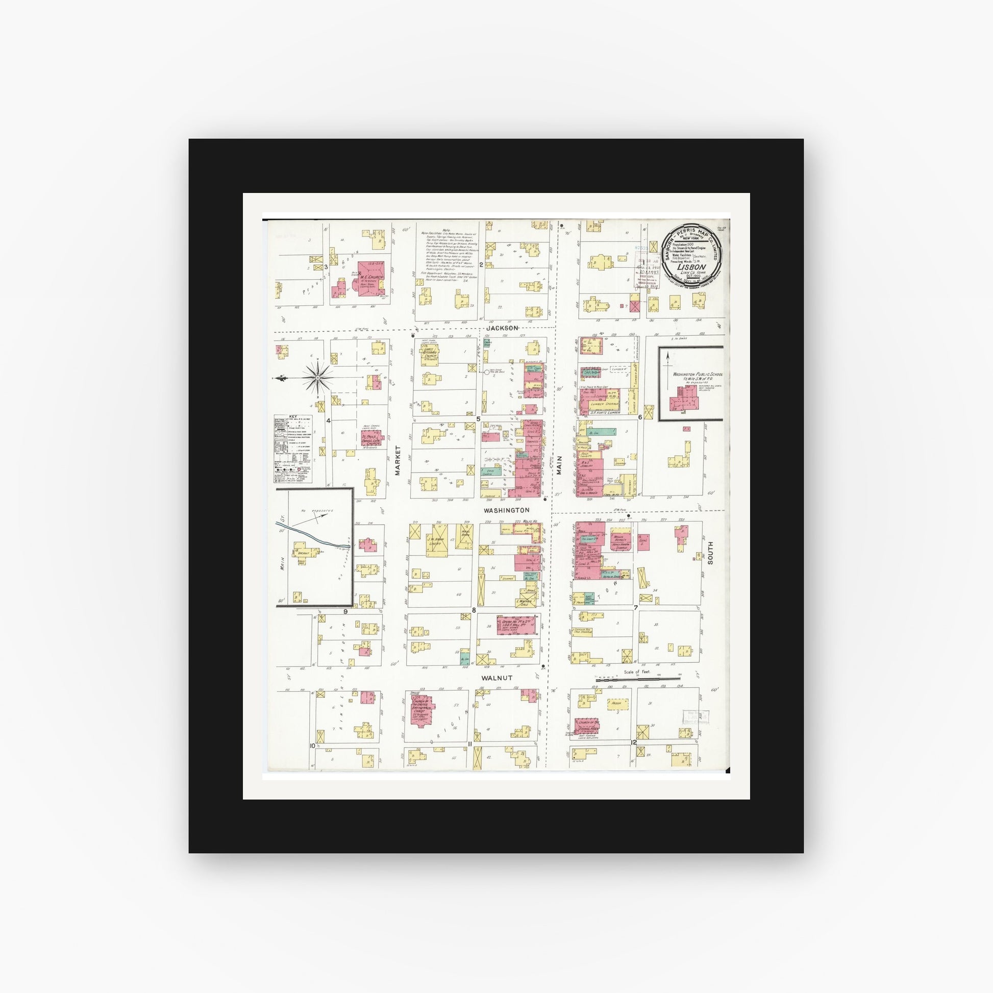 Old map wall art mockup — black gallery frame with white mat — Sanborn Fire Insurance Map from Lisbon, Linn County, Iowa (1900), Sheet #0001