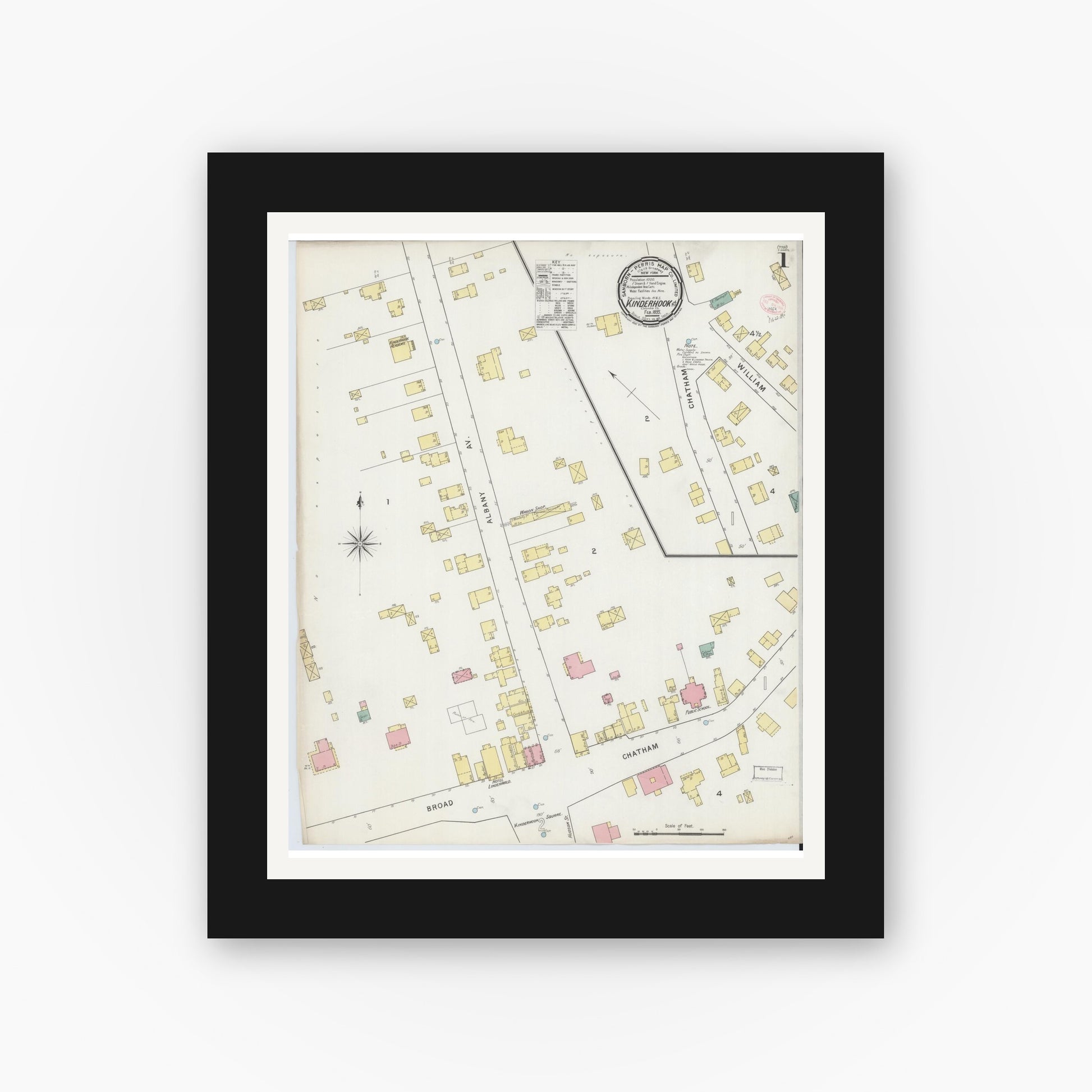 Old map wall art mockup — black gallery frame with white mat — Sanborn Fire Insurance Map from Kinderhook, Columbia County, New York (1895), Sheet #0001