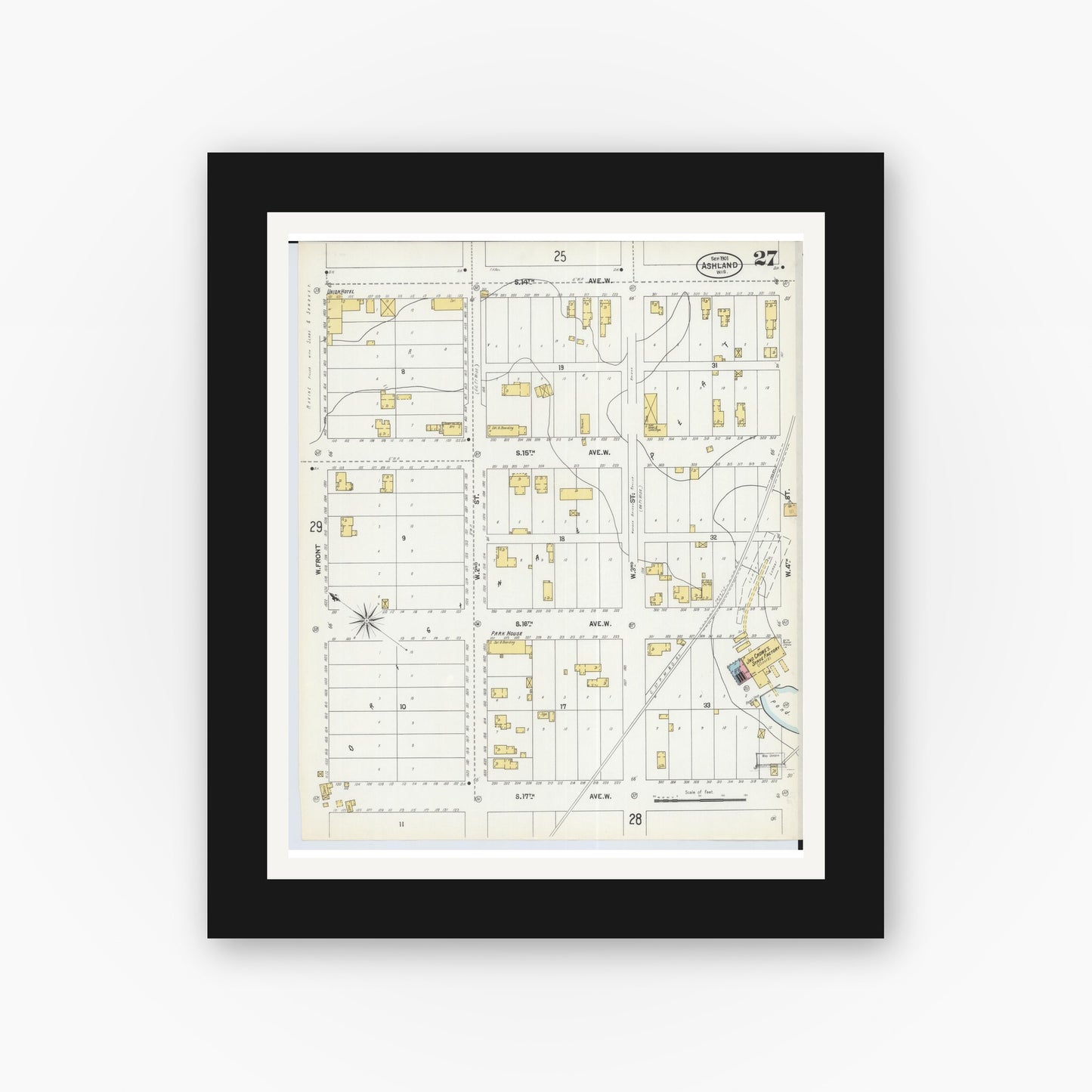 Old map wall art mockup — black gallery frame with white mat — Sanborn Fire Insurance Map from Ashland, Ashland County, Wisconsin (1901), Sheet #0027