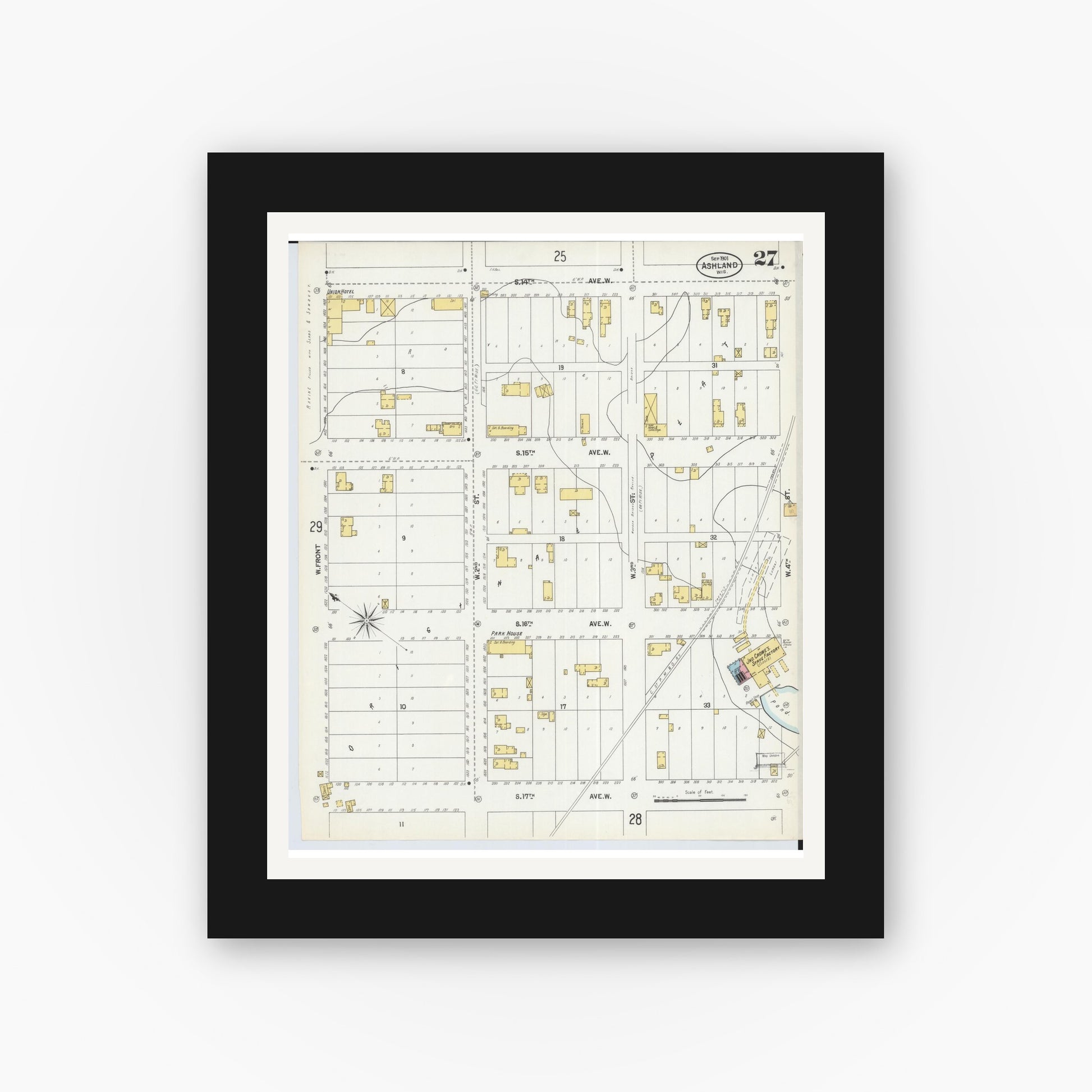Old map wall art mockup — black gallery frame with white mat — Sanborn Fire Insurance Map from Ashland, Ashland County, Wisconsin (1901), Sheet #0027