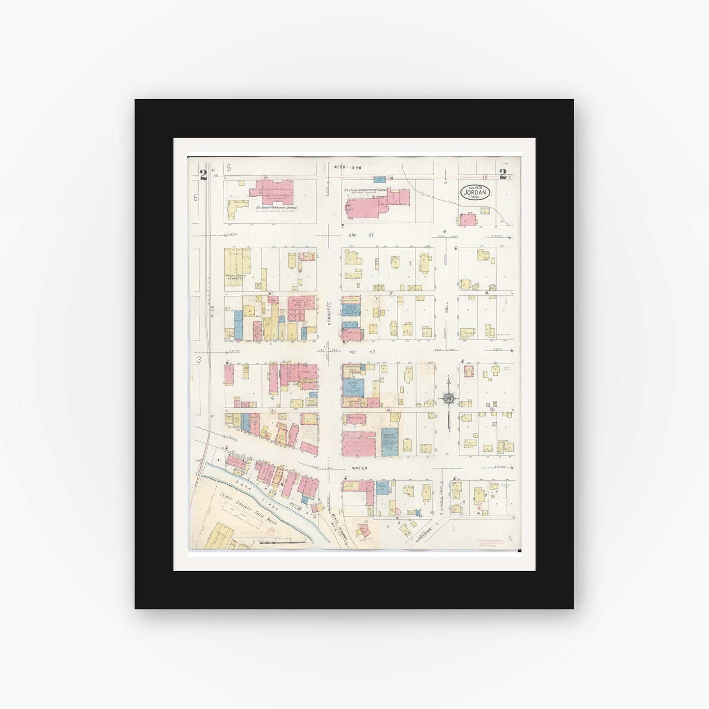 Old map wall art mockup — black gallery frame with white mat — Sanborn Fire Insurance Map from Jordan, Scott County, Minnesota (1933), Sheet #0002
