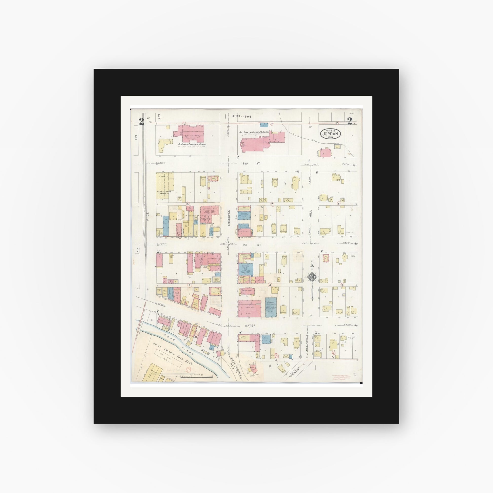 Old map wall art mockup — black gallery frame with white mat — Sanborn Fire Insurance Map from Jordan, Scott County, Minnesota (1933), Sheet #0002