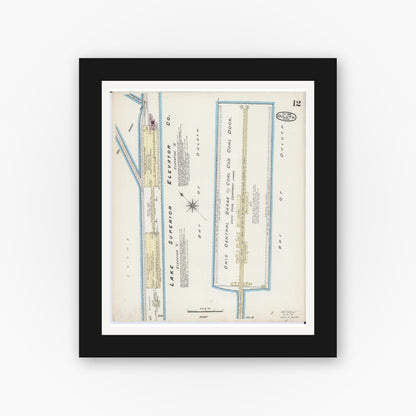 Old map wall art mockup — black gallery frame with white mat — Sanborn Fire Insurance Map from Duluth, Saint Louis County, Minnesota (1885), Sheet #0012