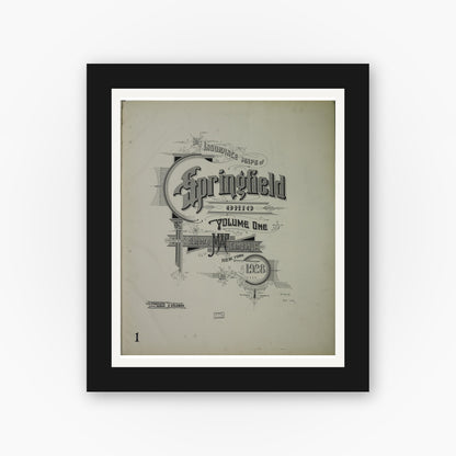 Old map wall art mockup — black gallery frame with white mat — Sanborn Fire Insurance Map from Springfield, Clark County, Ohio (1928), Sheet #0001