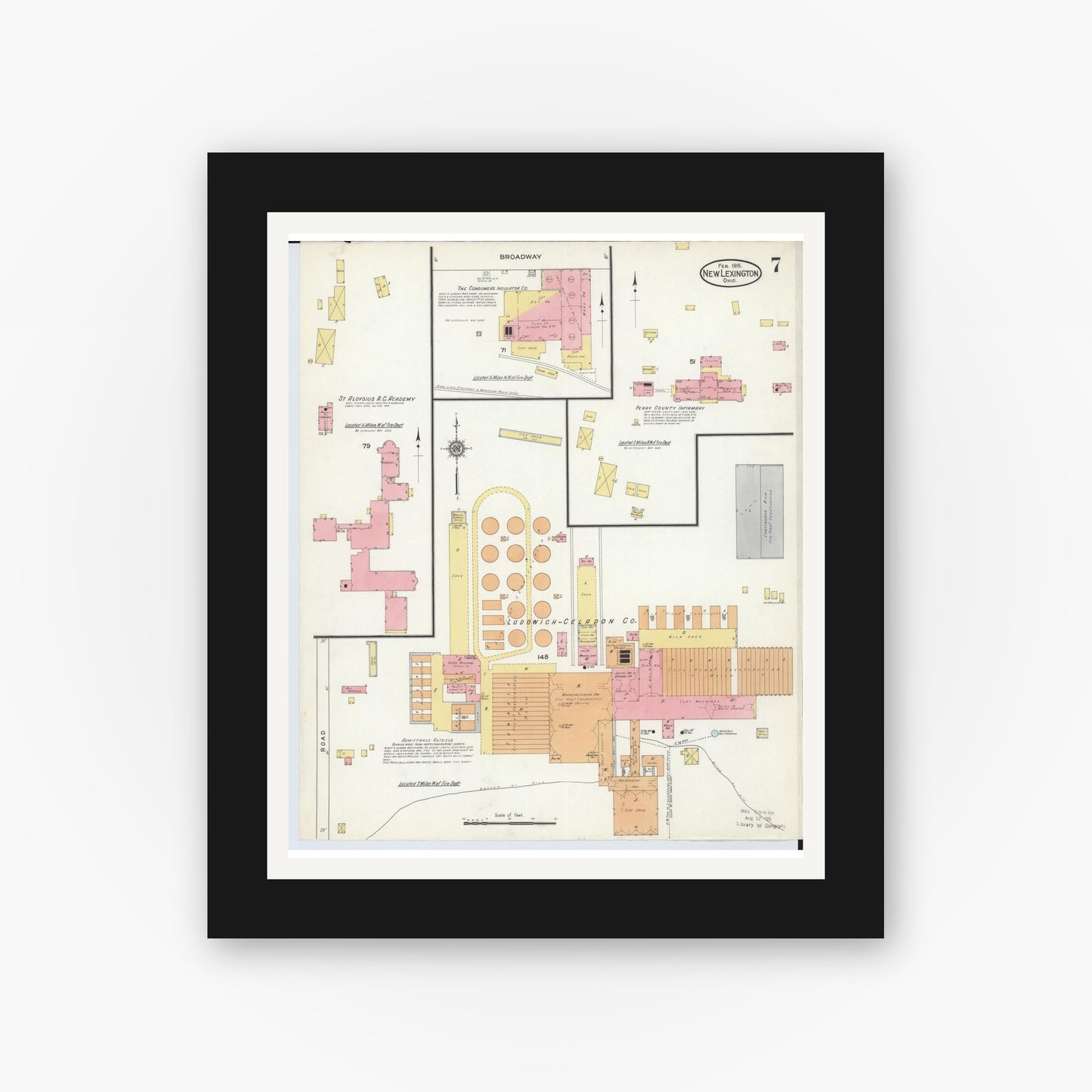 Old map wall art mockup — black gallery frame with white mat — Sanborn Fire Insurance Map from New Lexington, Perry County, Ohio (1916), Sheet #0007