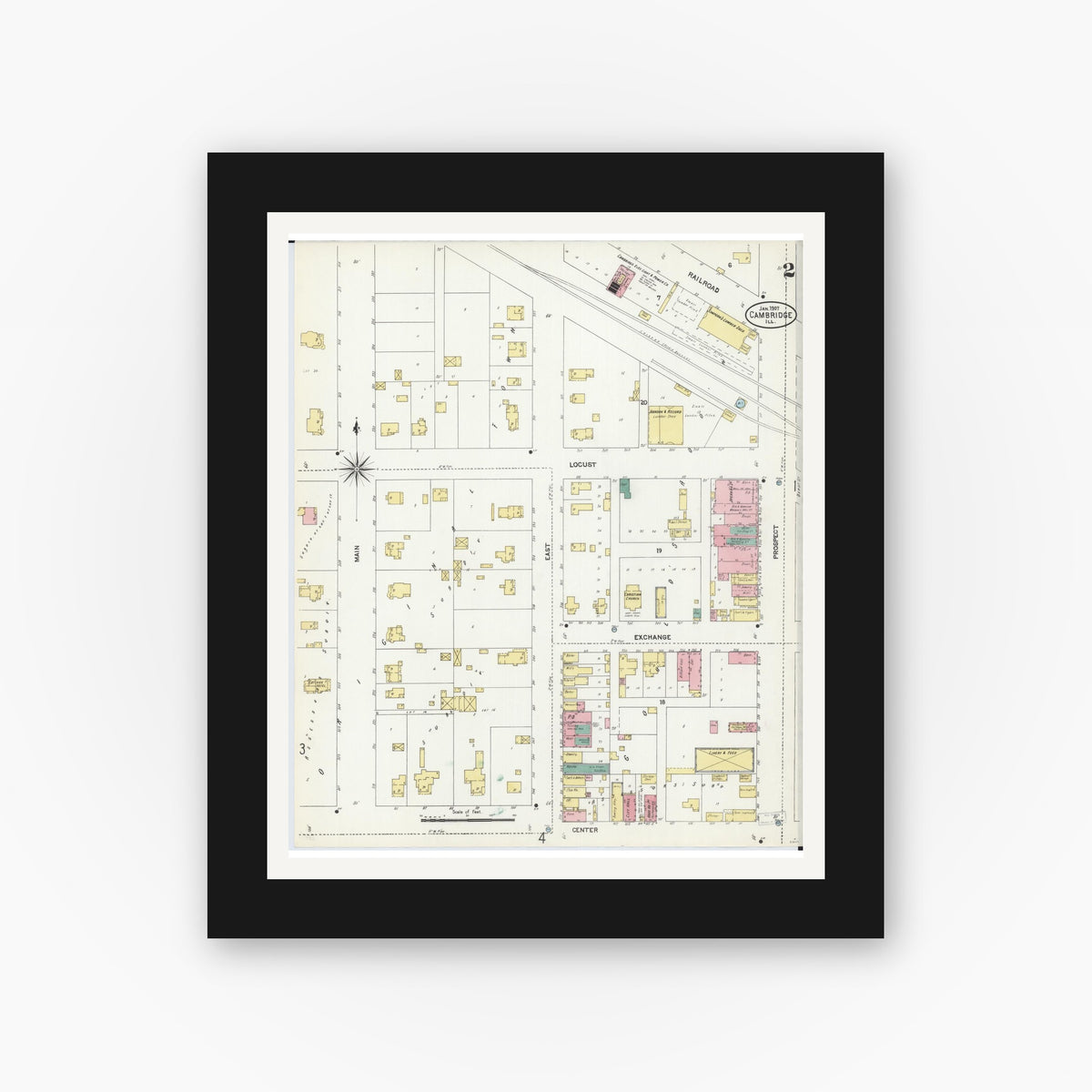 Old map wall art mockup — black gallery frame with white mat — Sanborn Fire Insurance Map from Cambridge, Henry County, Illinois (1907), Sheet #0002