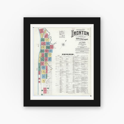 Old map wall art mockup — black gallery frame with white mat — Sanborn Fire Insurance Map from Ironton, Lawrence County, Ohio (1909), Sheet #0001