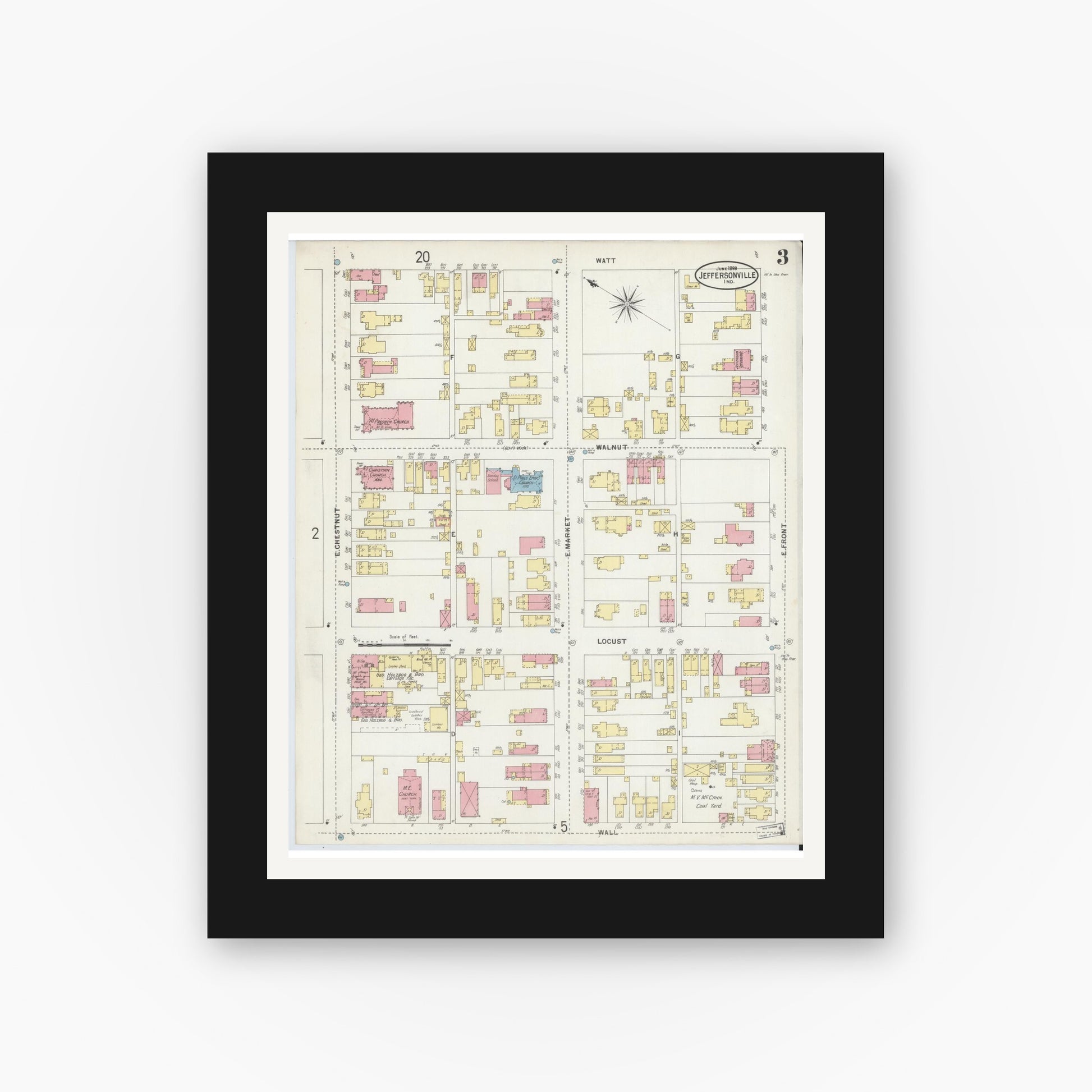 Old map wall art mockup — black gallery frame with white mat — Sanborn Fire Insurance Map from Jeffersonville, Clark County, Indiana (1898), Sheet #0003
