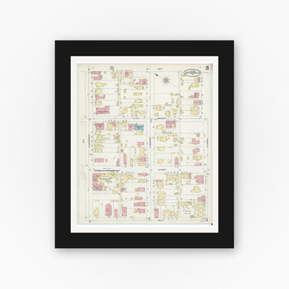 Old map wall art mockup — black gallery frame with white mat — Sanborn Fire Insurance Map from Jeffersonville, Clark County, Indiana (1898), Sheet #0003