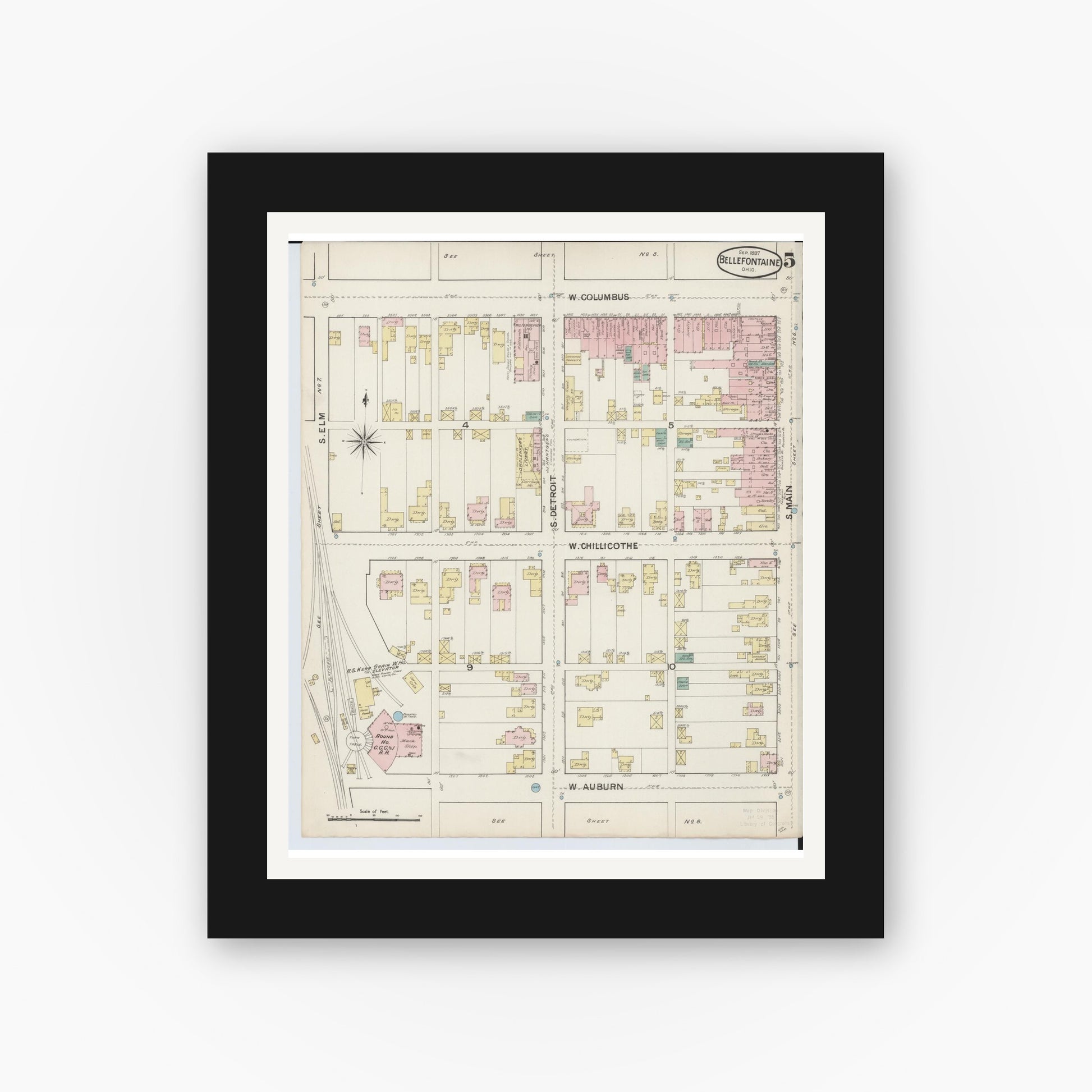 Old map wall art mockup — black gallery frame with white mat — Sanborn Fire Insurance Map from Bellefontaine, Logan County, Ohio (1887), Sheet #0005