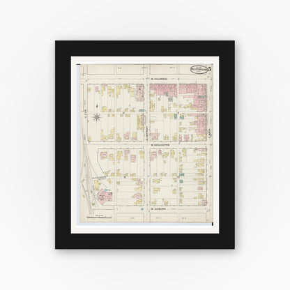 Old map wall art mockup — black gallery frame with white mat — Sanborn Fire Insurance Map from Bellefontaine, Logan County, Ohio (1887), Sheet #0005