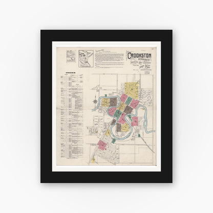 Old map wall art mockup — black gallery frame with white mat — Sanborn Fire Insurance Map from Crookston, Polk County, Minnesota (1922), Sheet #0001