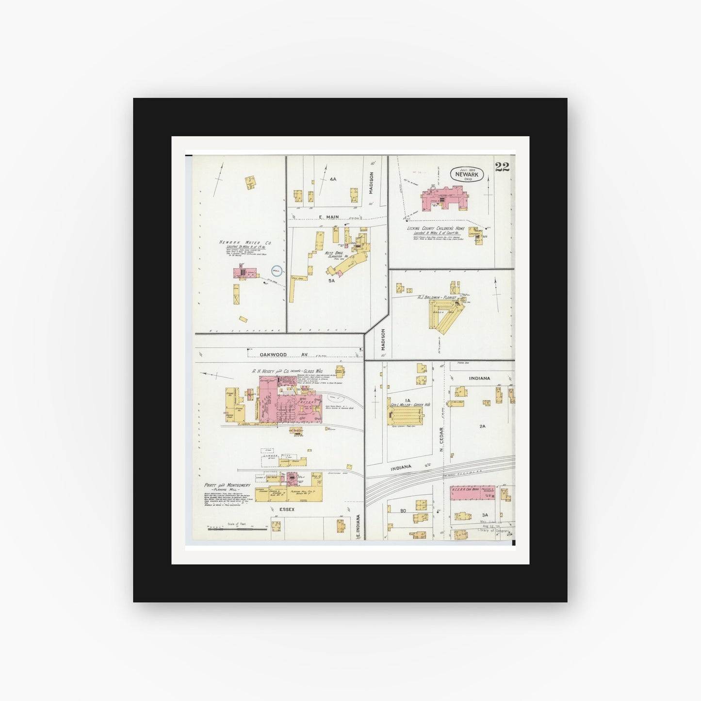Old map wall art mockup — black gallery frame with white mat — Sanborn Fire Insurance Map from Newark, Licking County, Ohio (1899), Sheet #0022